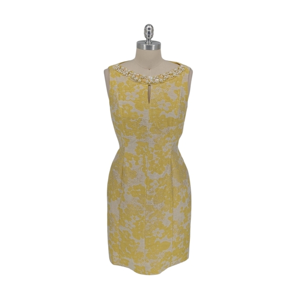 01566 Tahari Floral Pearl Sequins Sheath Dress Yellow size 8P preppy wedding - Picture 1 of 7